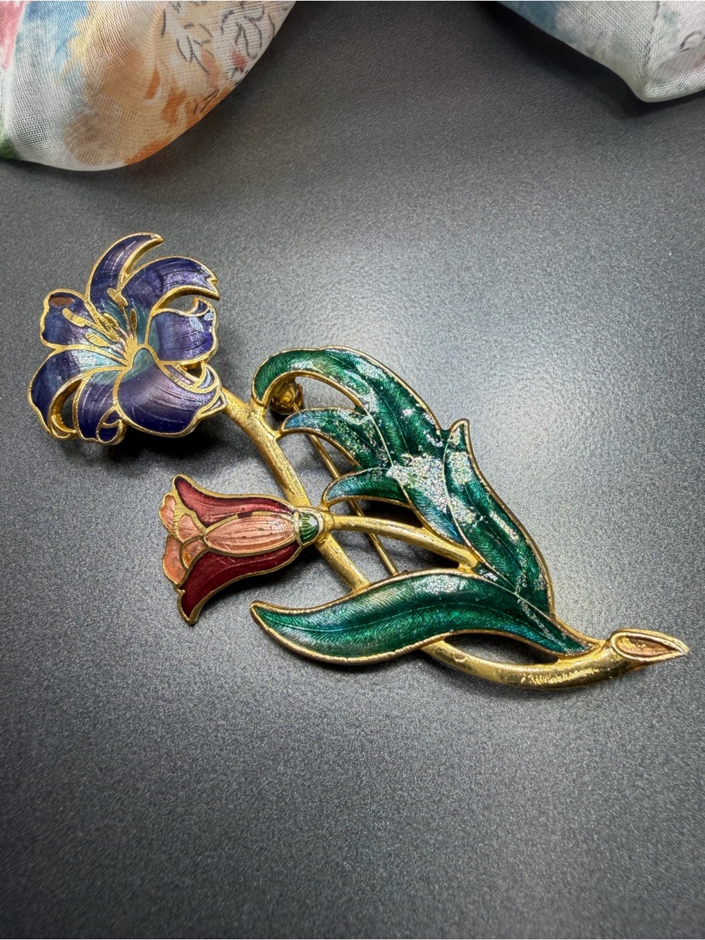 Vintage Cloisonné Brooch - Purple & Green Flower #149clo